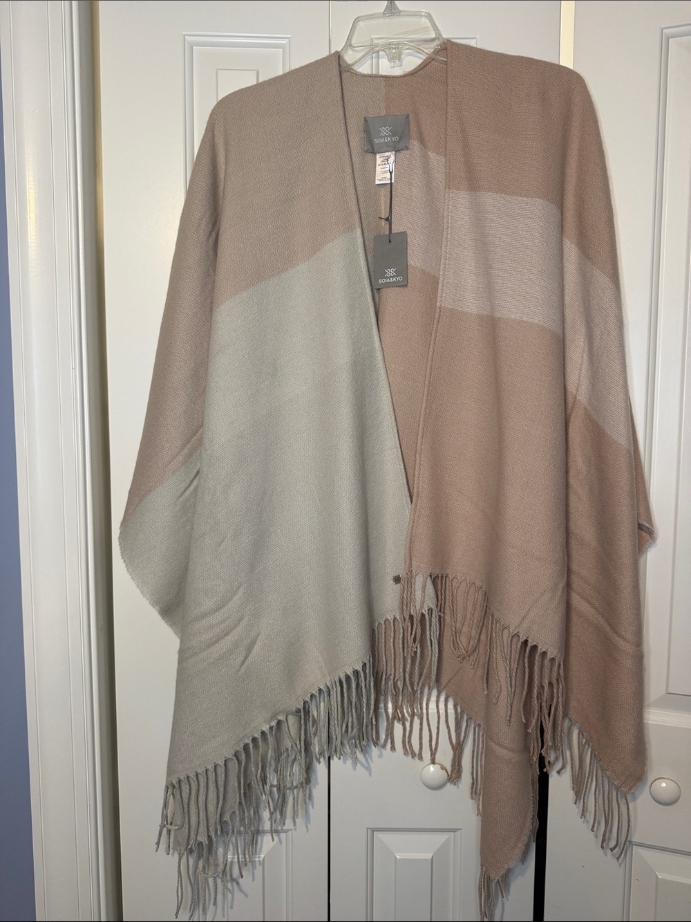 Soia & Kyo Taupe and Light Gray Fringed Reversible Cape